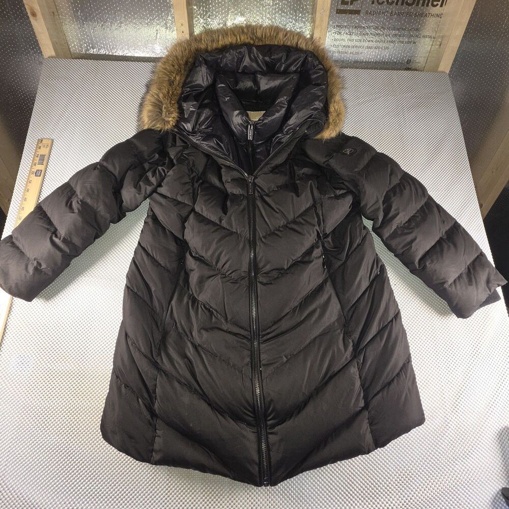 Michael Kors Women's XL Black Puffer Coat Faux Fur Hood Long Winter Jacket